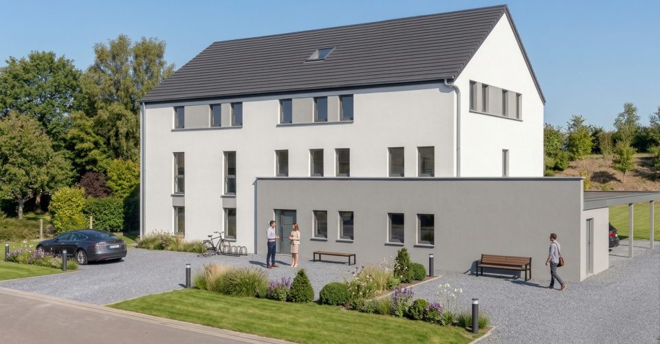 Rendu 3D de la Résidence du Quai à Halanzy, côté rue : façade enduite claire, toiture gris foncé et entrée de l’immeuble
