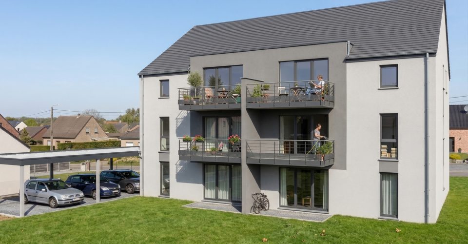 Rendu 3D de la Résidence du Quai à Halanzy, côté jardin : balcons des étages, terrasses du rez-de-chaussée et car-port
