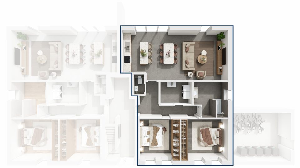 Plan du rez-de-chaussée de la Résidence du Quai : situation de l’appartement 2 dans l’immeuble