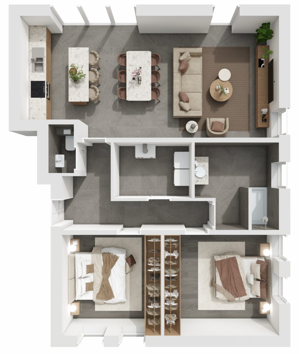 Plan 3D de l’appartement 6, 2 chambres, 2e étage, Résidence du Quai à Halanzy