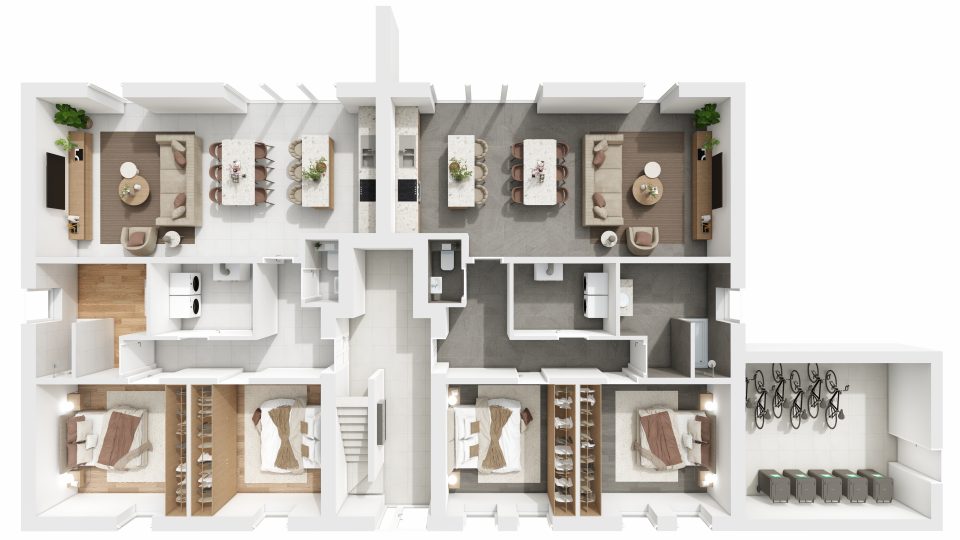 Plan 3D du rez-de-chaussée de la Résidence du Quai : deux appartements, hall commun et local vélos