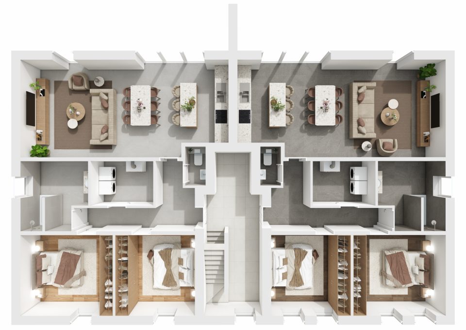 Plan 3D du 1er étage de la Résidence du Quai : deux appartements de 2 chambres