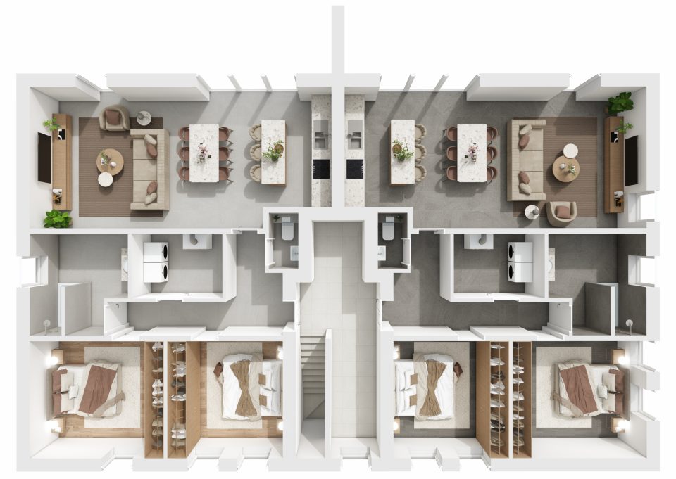 Plan 3D du 2e étage de la Résidence du Quai : deux appartements de 2 chambres